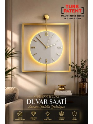 Led'li Gold Quadro Yuvarlak Kristal Orta Boy, Modern Dekoratif Sarkaçlı Metal Duvar Saati