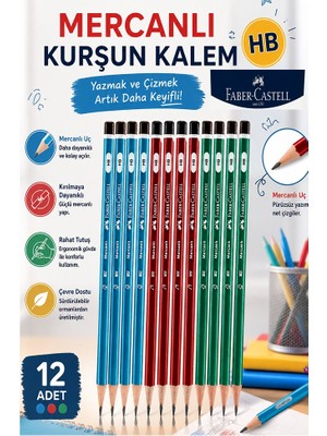 Artlantis Siyah Kurşun Kalem Mercanlı 12 Adet Faber Castell Mercanlı Kurşun Tahta Kalem Hb Orta Dereceli Öğrenci Kalemi Okul