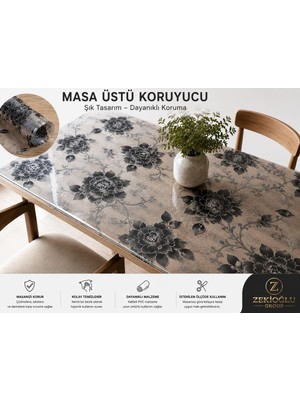 80 cm x 110 cm Masa Üstü Koruyucu Şeffaf Siyah Çiçek Desenli Pvc Masa Örtüsü Silinebilir K
