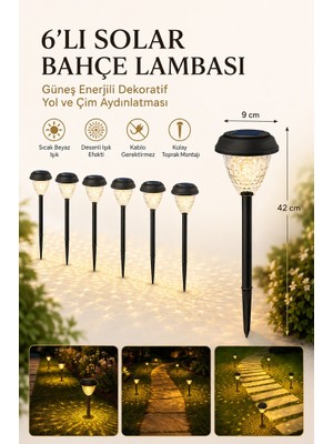 Glftech Bahçe Lambası Güneş Enerjili LED Çim ve Yol Aydınlatma Sıcak Beyaz Dekoratif Işık 6’lı Set