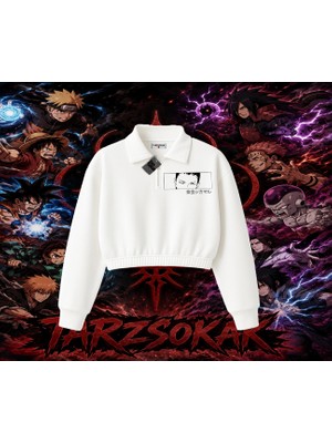 Tarzsokak Shikamaru Nara Naruto Anime Karakter Kadın Crop Polo Yaka Yarım Fermuarlı Sweatshirt Beyaz