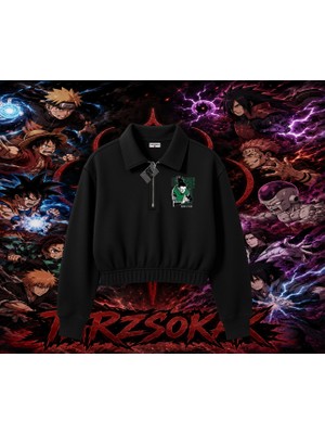 Tarzsokak Shikamaru Nara Naruto Anime Karakter Kadın Crop Polo Yaka Yarım Fermuarlı Sweatshirt Beyaz