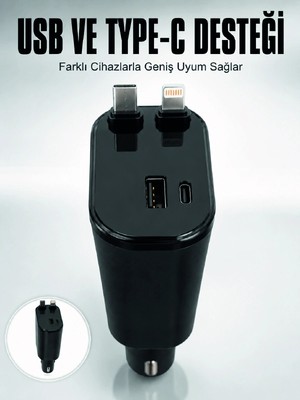 Shopwave Araç Çakmaklık Şarj Cihazı 120W Type-C & Lightning Kablolu Çoklu Hızlı Şarj Istasyonu