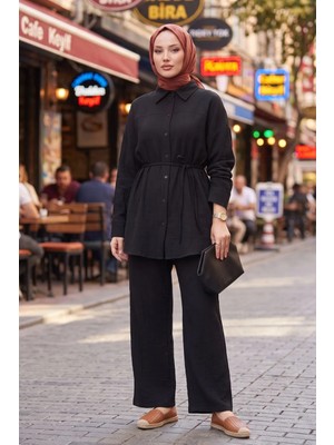 Modestim Kadın Bağcıklı Müslin Kumaş Yazlık Tesettür Siyah Pantolonlu Tunik Takım