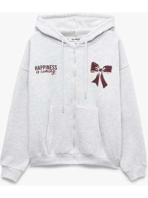 Koton Şardonlu Rahat Kalıp Kanguru Cepli Kapüşonlu Fermuarlı Fiyonk Baskılı Sweatshirt
