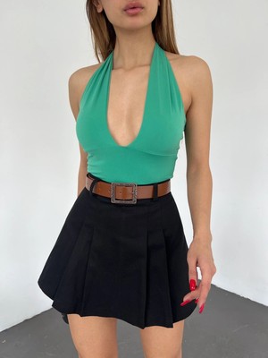 Beta Moda Hub Kemerli Pileli Şort Etek - Siyah