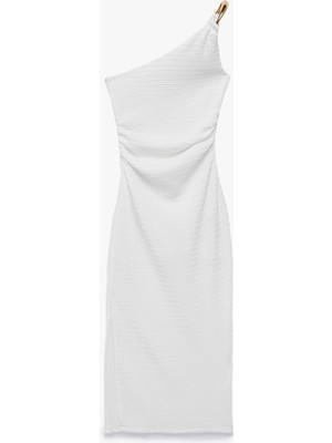 Koton Koton x Sibil Çetinkaya - Bürümcük Kumaş Asimetrik Yaka Aksesuarlı Tek Omuz Bodycon Elbise
