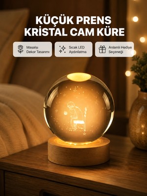 Sepetopia 8 cm Küçük Prens Cam Küre USB Işıklı Ahşap Tabanlı Dekor