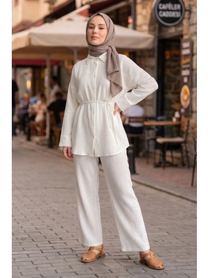 Modestim Kadın Bağcıklı Müslin Kumaş Yazlık Tesettür Ekru Pantolonlu Tunik Takım