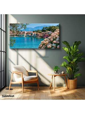 Tablofest Yatay Panoramik Kanvas Tablo Assos Kıyı Evleri Manzara Tablosu Ev Ofis Duvar Dekoru