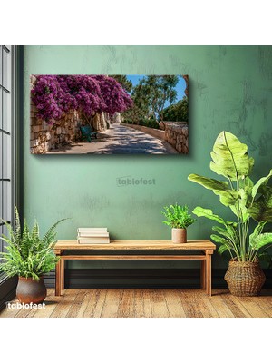 Tablofest Yatay Panoramik Kanvas Tablo Begonvil Çiçekli Yol Manzara Tablosu Ev Ofis Duvar Dekoru
