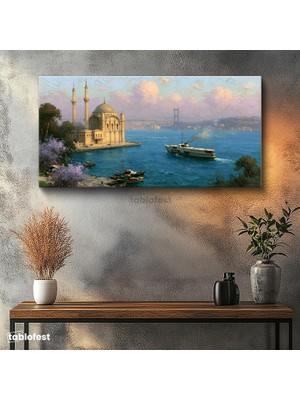 Tablofest Yatay Panoramik Kanvas Tablo Ortaköy Camii Istanbul Boğazı Manzara Tablosu Ev Ofis Duvar Dekoru