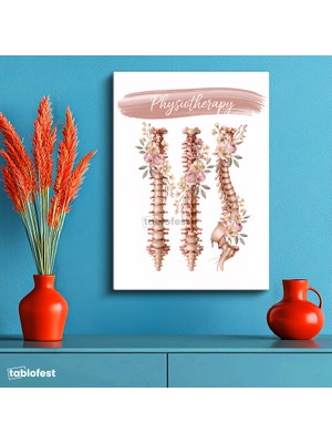 Tablofest Dikey Kanvas Tablo Fizyoterapi Çiçekli Omurga Anatomi Tablosu Ev Ofis Duvar Dekoru