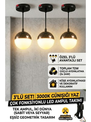 Econa 3ADET 24W GÜNIŞIĞI-3000K Çok Fonksiyonlu LED Top Ampul Takımı ,hem Tavan Askılı Hem Seyyar Kablolu Set,fişli Taşınabilir Gece Lambası