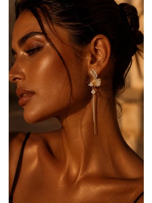 Lovecharm Kadın Gold Golden Butterfly Zirkon Taşlı Kelebek Sallantılı Tarz Küpe