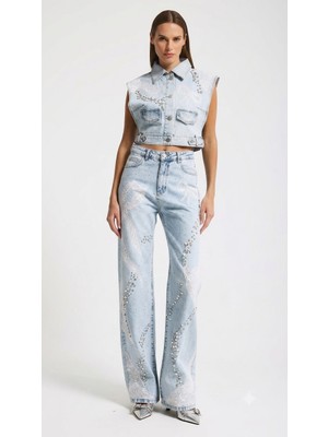 Meryu Ticaret Jeans Pantolon Straight Fit Taş Inci Dantel Detaylı Özel Tasarım Denim
