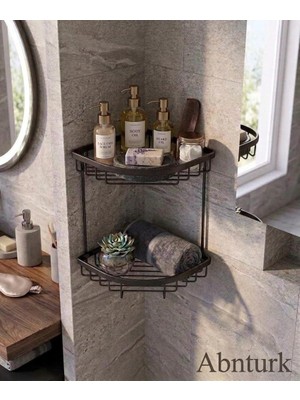 Abnturk 2 Katlı Ömür Boyu Paslanmaz %100 Alüminyum Siyah Renk Banyo Köşe Rafı-Duş Şampuanlık Organizer 31X30X25CM