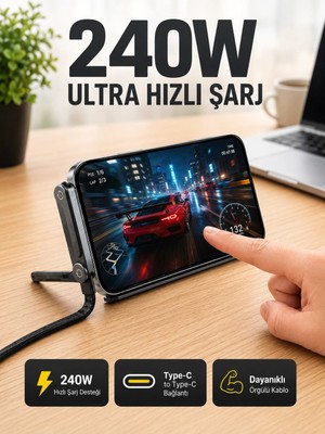 Shopwave 240W Type-C Telefon Standlı Örgülü Şarj ve Data Kablosu