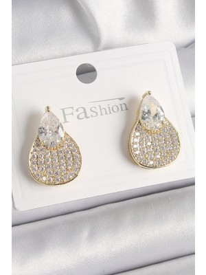 Pirinç Gold Renk Zirkon Taşlı Damla Model Kadın Küpe
