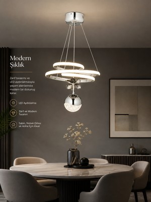 AVİZE Modern LED Halkalı Avize Krom Kristal Detaylı Şık Salon ve Oturma Odası Sarkıt Aydınlatma 3 Renk