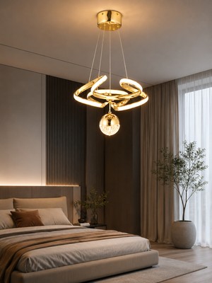 AVİZE Modern LED Halkalı Avize Gold Kristal Detaylı Şık Salon ve Oturma Odası Sarkıt Aydınlatma 3 Renk