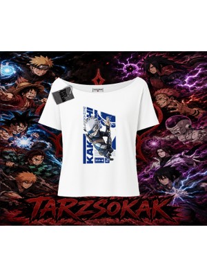 Tarzsokak Kakashi Hatake Naruto Anime Karakteri Kadın Kayık Yaka Tişört Beyaz