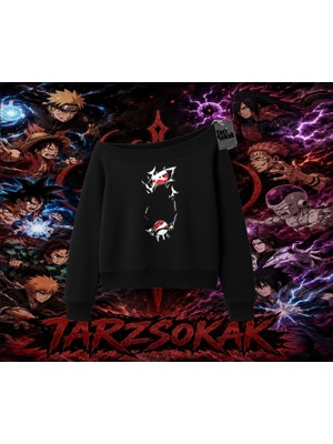 Tarzsokak Itachi Uchiha Naruto Anime Karakteri Kadın Kayık Yaka Sweatshirt Beyaz