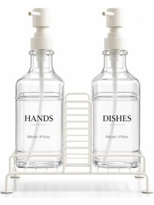 2'li Stantlı Ekru Sıvı Sabunluk Seti, Mutfak ve Banyo Için Tezgah Üstü Pompalı Sabun ve Deterjan Dispenseri, 500 ml x 2