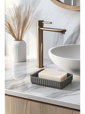 Lines Serisi Gri Banyo Seti, 5 Parça Akrilik Kare 5 Litre Çöp Kovası, Sabunluk, Fırçalık Takımı 3462 Gri