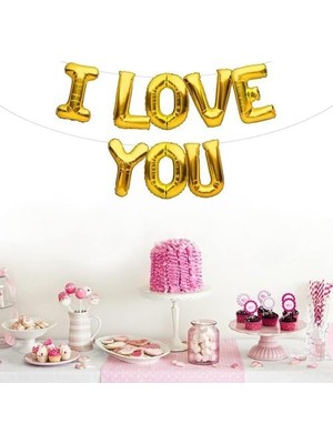 I Love You Gold Renk 16 Inç 40 cm Folyo Balon Seti