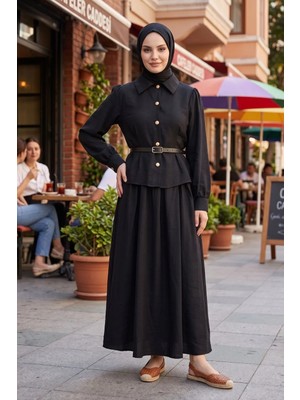 Modestim Kadın Siyah Kemerli Modal Kumaş Tesettür Takım Etek Gömlek Tunik Kombin