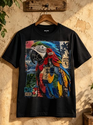 Carismatisort Cix Papağan Tasarımlı Patchwork Tişört Bay Bayan Erkek Kadın Unisex Tshirt