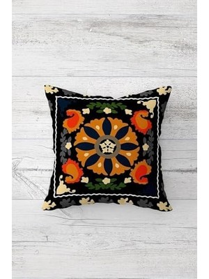 Etnik Desenli Bohemian Gizli Fermuarlı Kırlent Kılıfı Koltuk Yastık Kılıfı TAKIM(4ADET), Turuncu-Kahve Bej 45 x 45