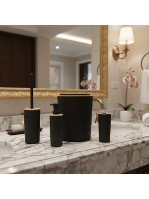 Şık Antrasit 4’lü Banyo Seti – Çöp Kovası, Tuvalet Fırçası, Sıvı Sabunluk ve Diş Fırçalık| Modern ve Dayanıklı Tasarım