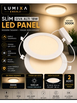 Lumixa Enerji 18W Slim Panel LED Spot Beyaz Işık Iç Çap 20,4 cm Dış Çap 22 cm 1530 Lümen 2 Adet Günışığı 3000K
