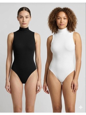 Rozelt Kadın Siyah&beyaz Pamuklu Likralı Penye Kolsuz 2'li Çıtçıtlı Body
