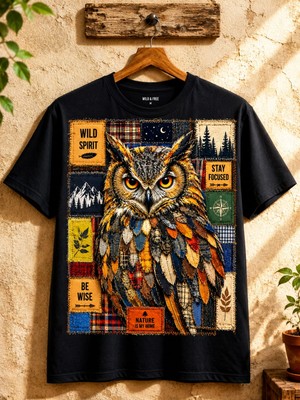 Carismatisort Baykuş Patchwork Desenli Siyah Tişört Bay Bayan Kadın Erkek Unisex