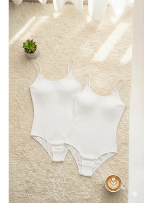Rozelt Kadın Pamuklu Ip Askılı Geniş Yaka Beyaz 2'li Çıtçıtlı Body