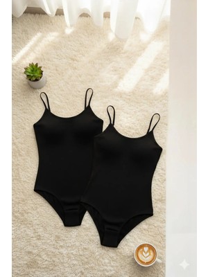 Rozelt Kadın Pamuklu Ip Askılı Geniş Yaka Siyah 2'li Çıtçıtlı Body