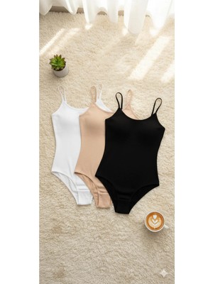 Rozelt Kadın Siyah & Beyaz & Ten Ince Askılı Body 3'lü Paket Basic Esnek Kumaş Günlük Bodysuit