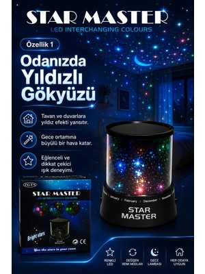 Semel Oda Için Yıldız Efektli LED Gece Lambası Renkli Işık Yansıtan Dekoratif Projektör