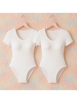 Rozelt Kadın Beyaz Kısa Kollu U Yaka Likralı Body 2’li Paket Basic Günlük Bodysuit