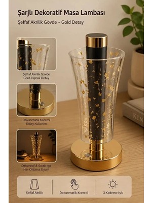 Rosemor Dokunmatik LED Masa Lambası Şeffaf Akrilik Gövdeli Gold Detaylı Şarjlı Dokunmatik LED Masa Lambası 3 Kademeli Dekoratif Lamba