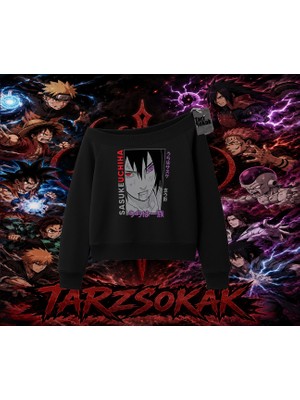 Tarzsokak Sasuke Uchiha Naruto Anime Karakter Kadın Kayık Yaka Sweatshirt Beyaz