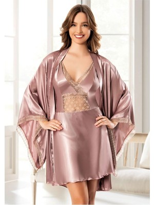 Rozelt Askılı Dantel Detaylı Kimono Sabahlıklı Vizon Saten Gecelik