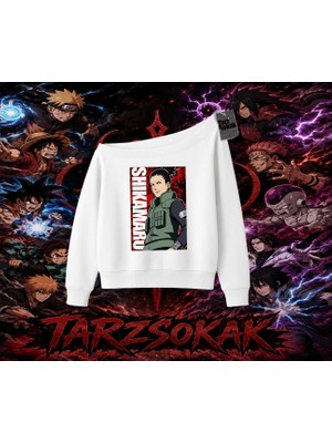 Tarzsokak Shikamaru Nara Naruto Anime Karakter Kadın Kayık Yaka Sweatshirt Beyaz