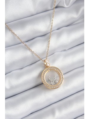 Esranın Dünyası Tegan 316L Çelik Gold Renk Zirkon Taş Detay Ay Yıldız Fanus Model Kadın Kolye TG27BKO8194
