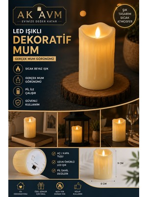 Ak Avm LED Dekoratif Mum Pilli Gerçek Alev Görünümlü Sıcak Beyaz Işıklı Silindir Mum