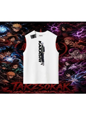 Tarzsokak Kakashi Hatake Naruto Anime Karakteri Oversize Unisex Kolsuz Tişört Beyaz