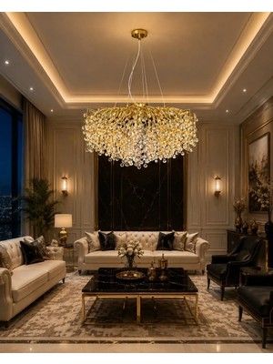 LED Yeni Model 80 cm Kristal Ağaç Lüx Salon Avize Gold Renk Ithal Kasa